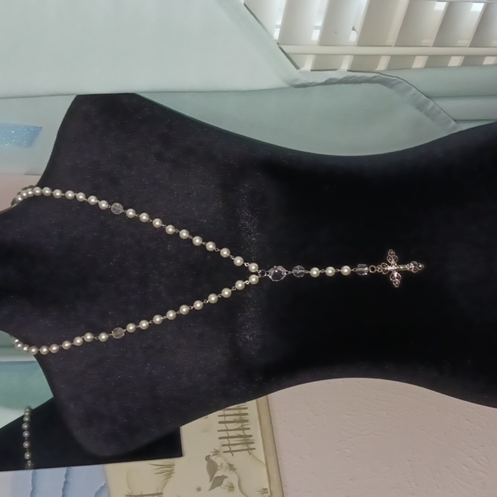 Handmade rosary, new, antique chandelier beads, Czech glass & silver cross 30"